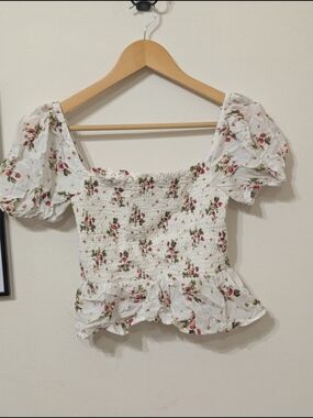 J. Crew White Smocked Floral Puff-Sleeve Crop Top